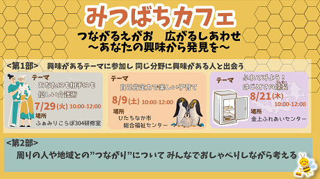 画像:みつばちカフェ つながるえがお 広がるしあわせ:あなたの興味から発見を 開催日:7月29日(火曜日)、8月9日(土曜日)、8月21日(木曜日) 時間:午前10時から12時まで