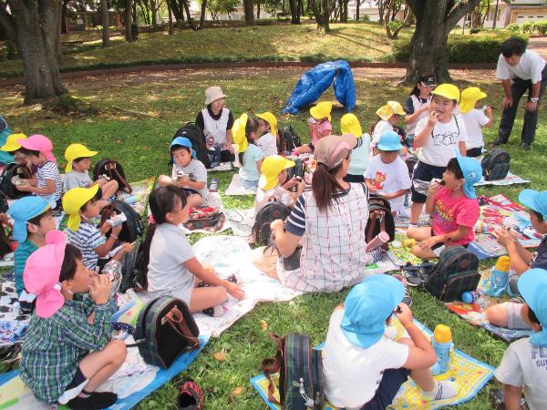 写真：公園でみんなでおにぎりを食べている様子