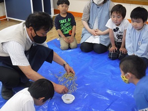 写真：園長先生から種のとりかたをを聞く年長児