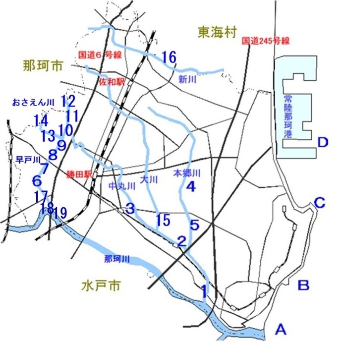 地図：ひたちなか市内の河川の海域の測定地点