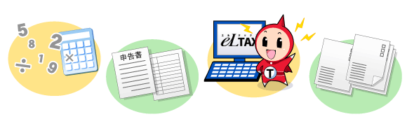 イラスト：eLTAX（エルタックス）とは、地方税ポータルシステムの呼称で、地方税における手続きを、インターネットを利用して電子的に行うシステムです。