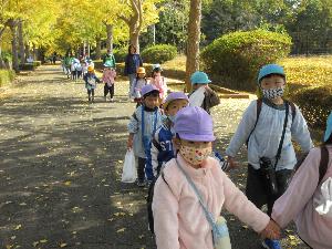 写真：黄色く色づいた銀杏並木を通ってお散歩