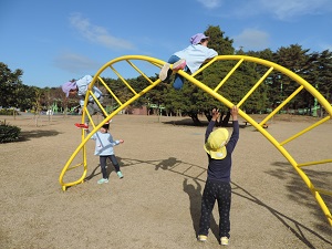 写真：海浜公園で形の変わった雲梯を楽しむ年長児の様子