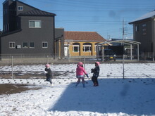 写真雪合戦をする年長児