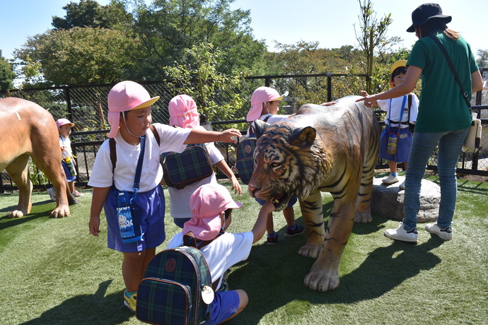 虎の銅像の口をのぞき込む園児