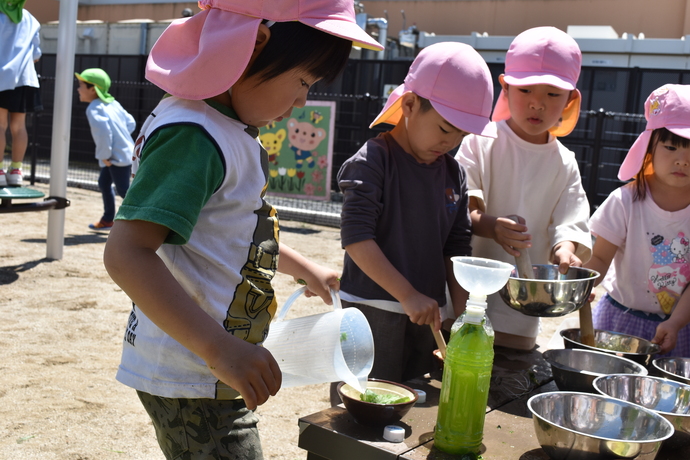 葉をすりつぶしてジュースを作る園児