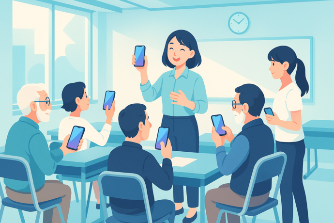 スマートフォン講座を受講している様子のイラスト