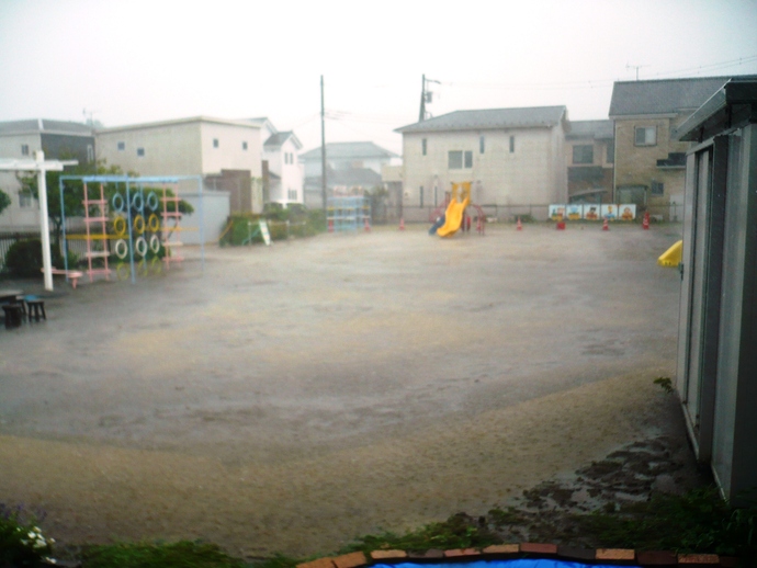 雨で霞んでいる園庭の写真