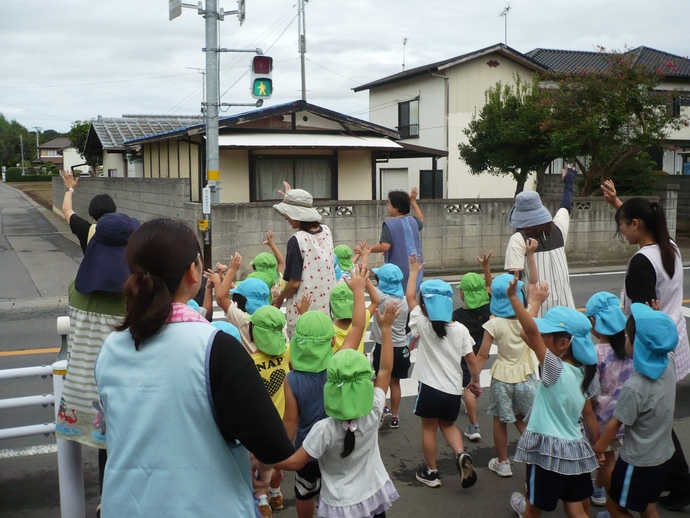 信号をよく見て渡っている園児の写真