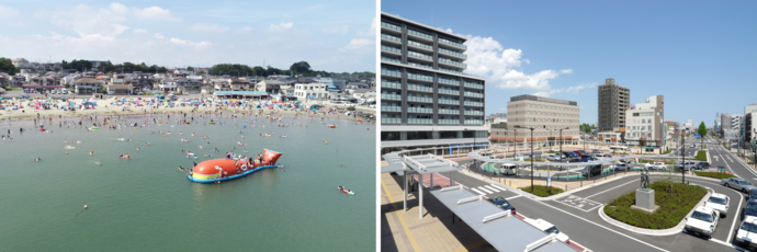 平磯海水浴場と勝田駅の写真