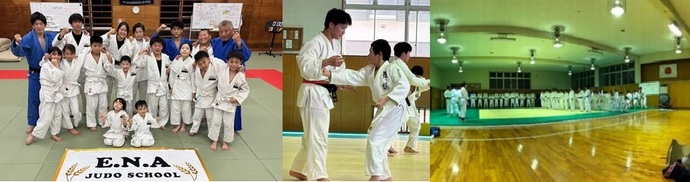 写真：集合してポーズをとっている様子、柔道の練習風景